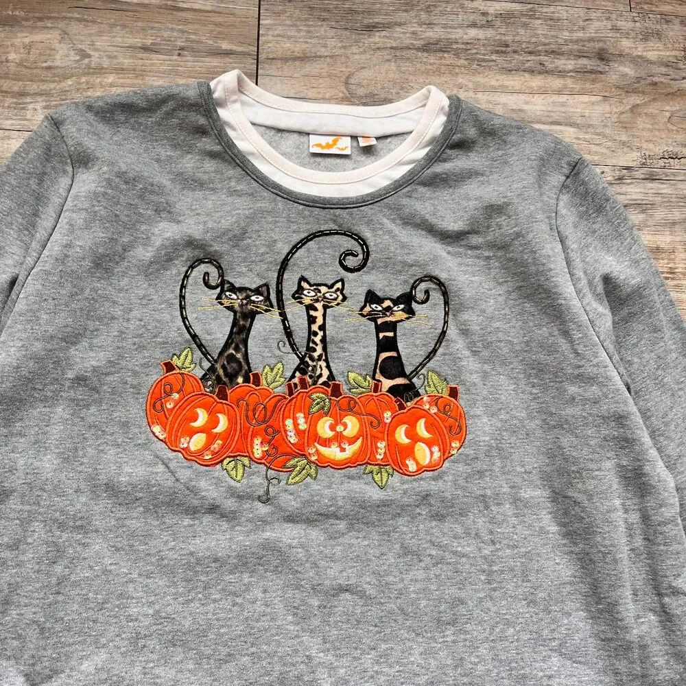 Vintage Halloween Cat Pumpkin Sweatshirt Cottagecore Granny 90s XL Top Cute